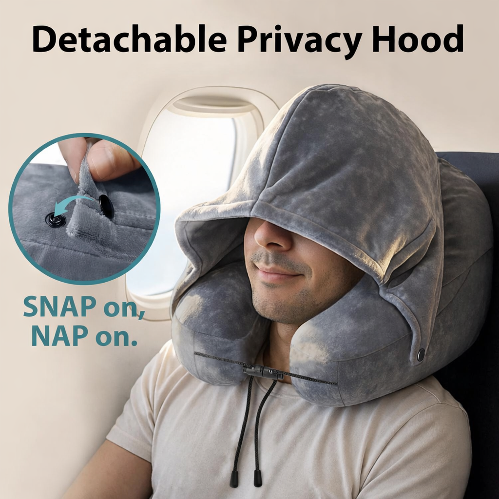 Joyorval Hooded Travel Pillow H Shaped Inflatable Neck Pillow